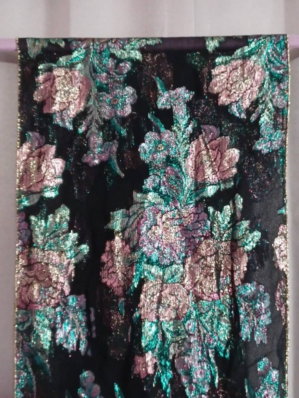 Black Metallic Floral Rosette Scarf Green Pink Gold 60×10